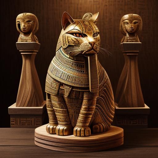 Mystical Egyptian Cat Carving in Ancient Art Style