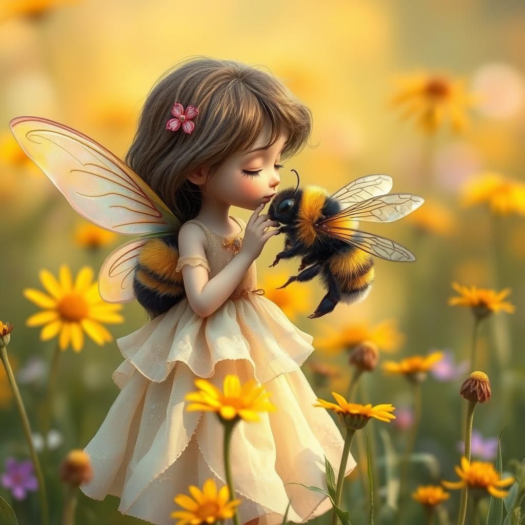 Fairy's Gentle Kiss: Bumblebee in a Sunny Meadow