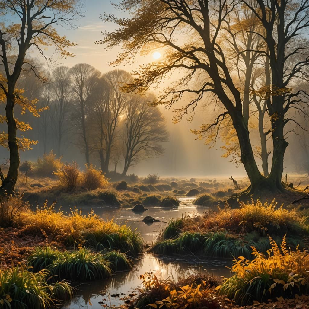 Haiku: Golden leaves whisper,  
Chill mist hugs the quiet earth,  
Sunrise paints the frost.