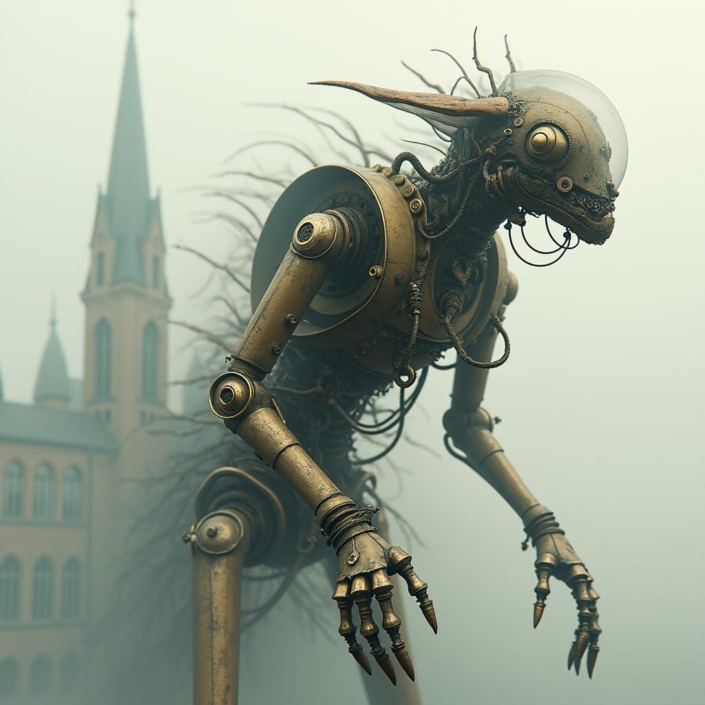 Dreamlike Clockwork Creature in Steampunk Double Exposure
