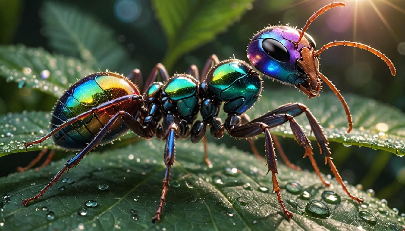 Iridescent Ant on Dewy Leaf in Hyper-Realistic Style