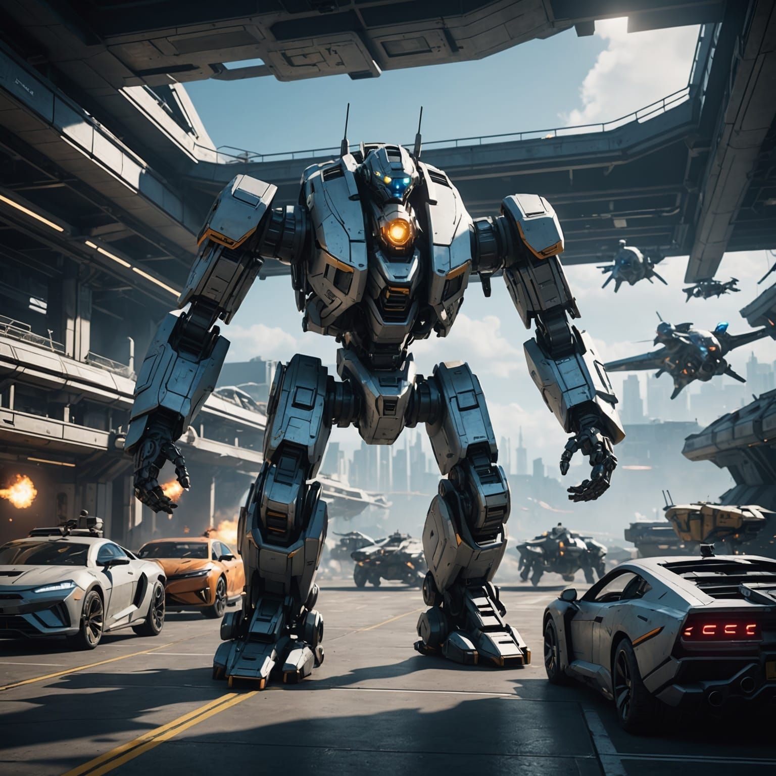 Futuristic War Scene with Robots and Aircraft