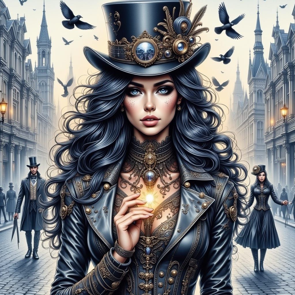 Steampunk Collage with Gambit Character in Watercolor Style