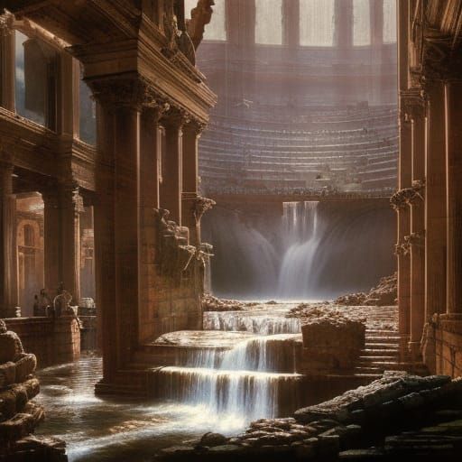 Waterfalls in Flooded Roman Coliseum: Watercolor Painting