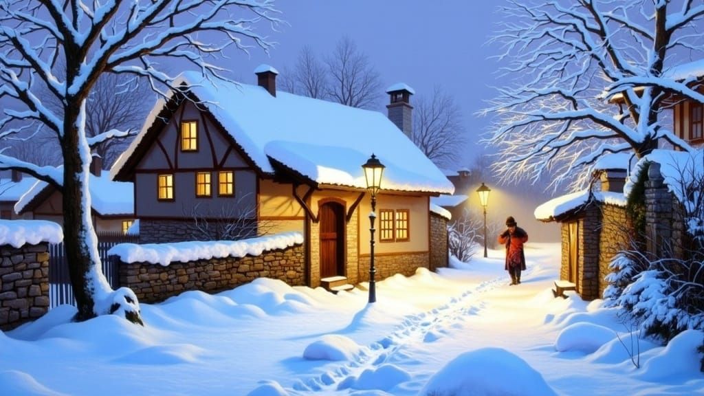 Snowy Village Scene in Pixar Animation Style