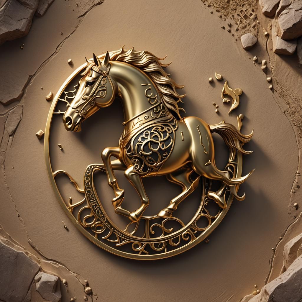 Golden Arabic Logo and Horse in 3D Rendering
