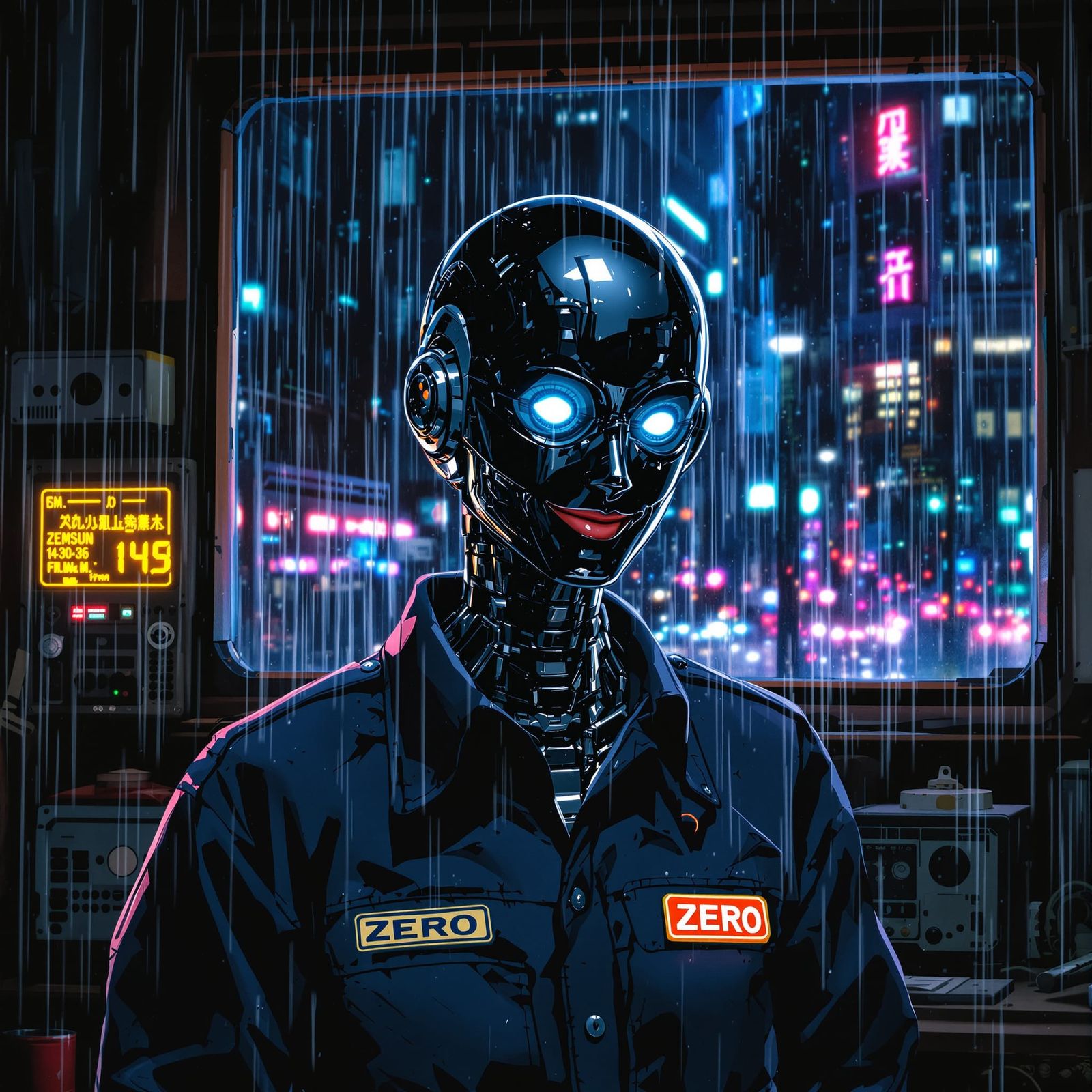 Advanced Android Zero in Grimy Workshop, 90s Anime Style