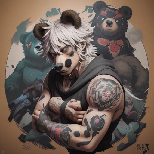 Anime Bear Man with Tattoos in Manga Style