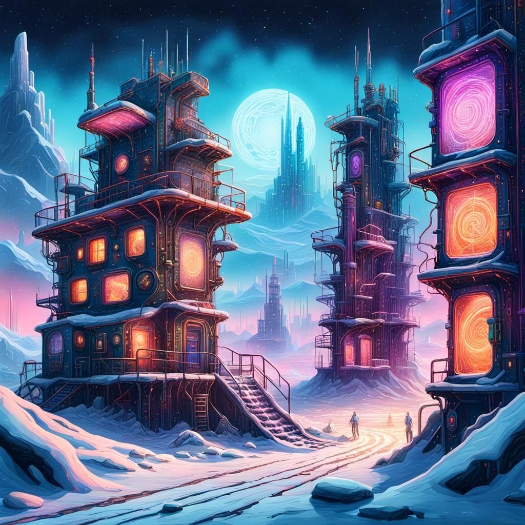 Cosmic Steam Punk Outpost Radiates Neon Light Amidst Frozen...