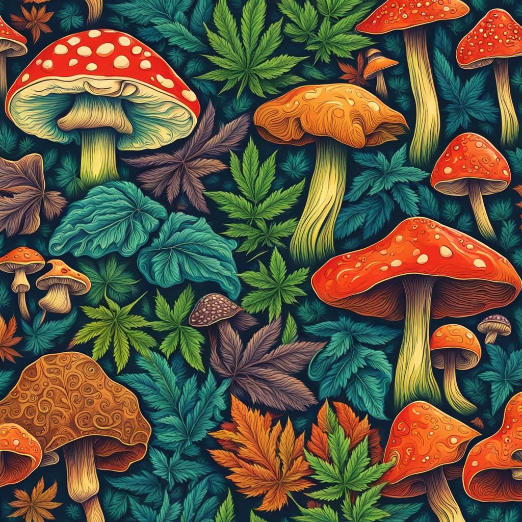 Abstract Art: Marijuana and Mushrooms in Complementary Color...