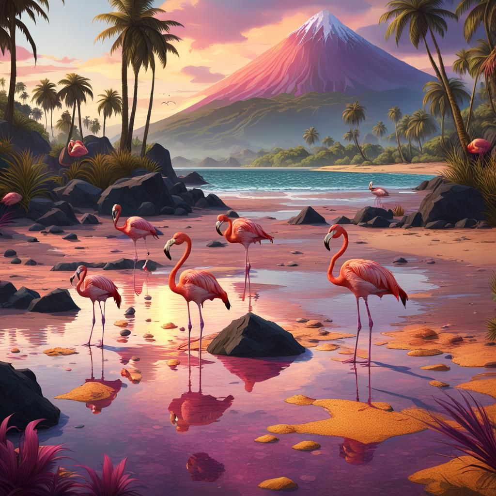 Flamingos on Tropical Beach with Volcanoes: Dark Fantasy Art