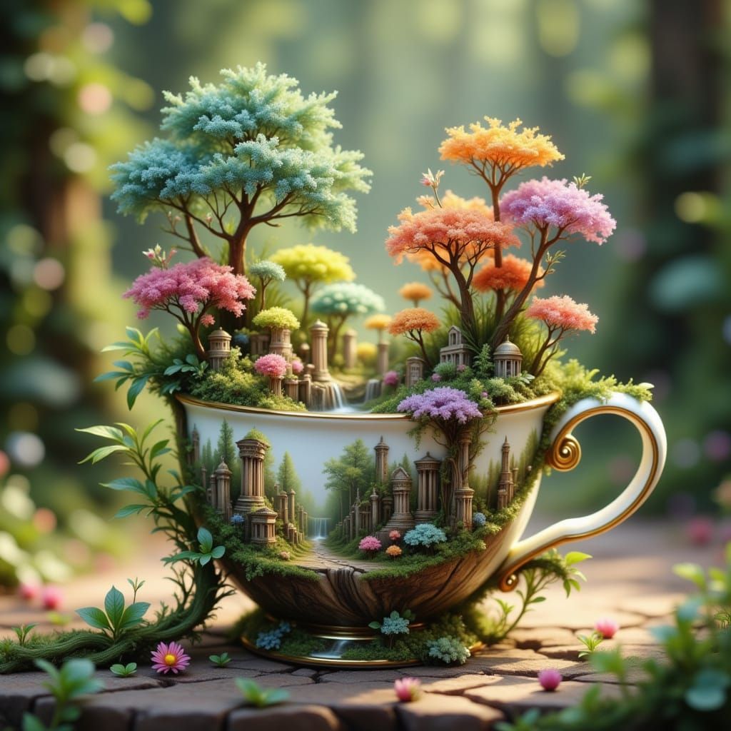 Porcelain Teacup with Miniature Landscapes and Forest Creatu...