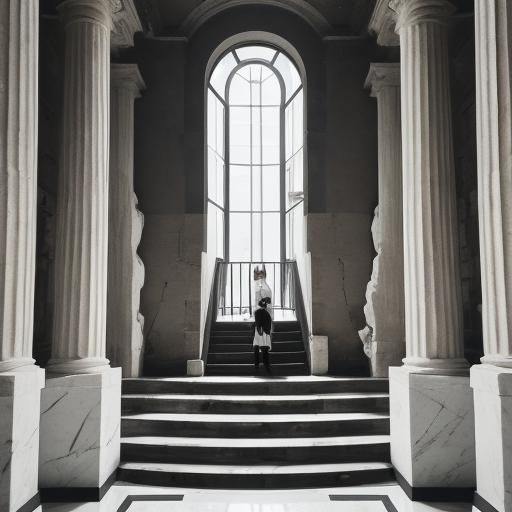 Coffee Shop with Robot and Roman Figures in Black and White
