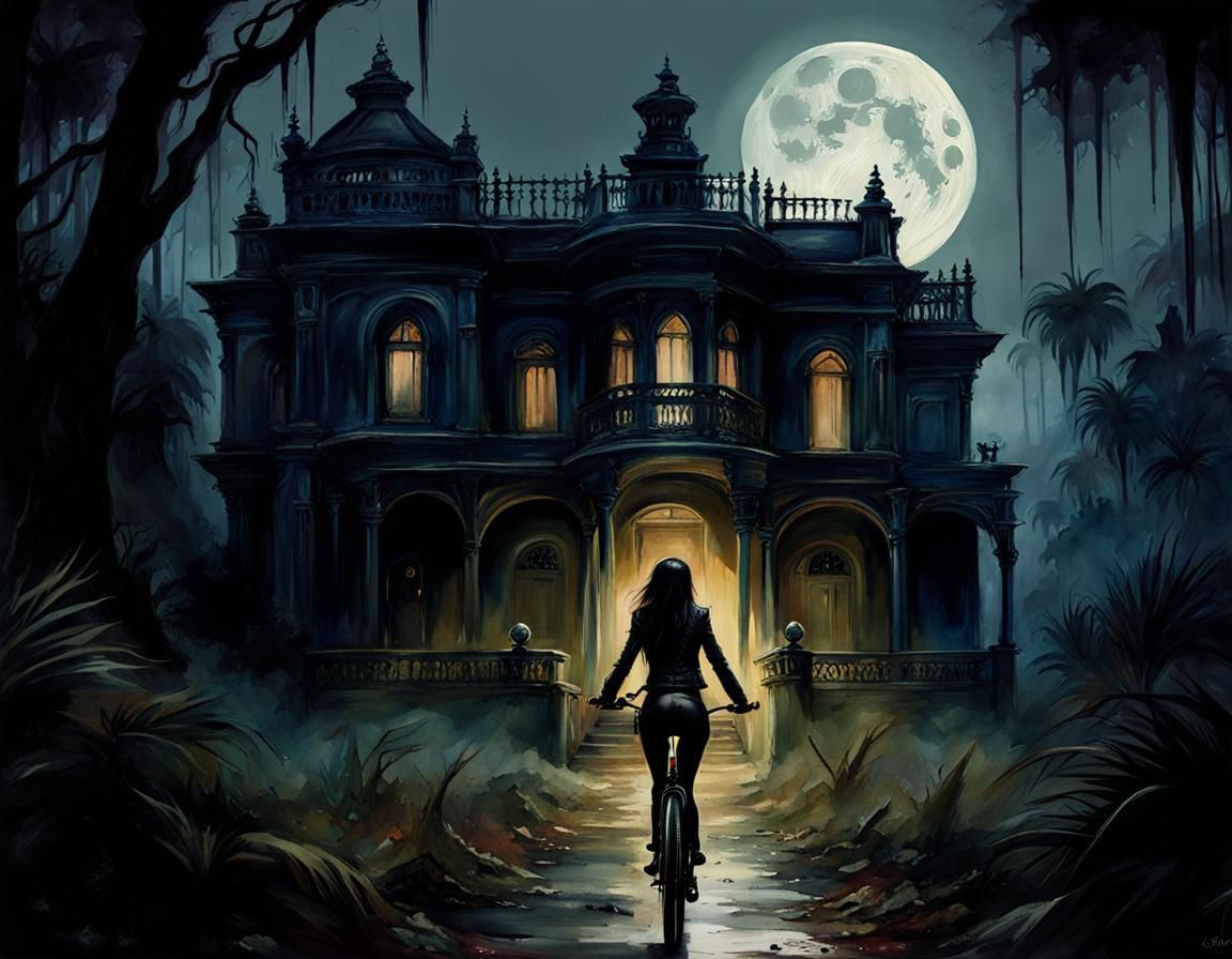 Gothic Biker Chick at Horror Mansion in Moonlight