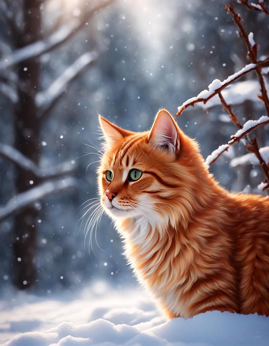 Cute Cat in Snowy Winter Landscape as Oil Painting