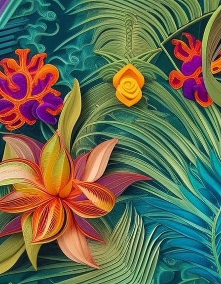 Cascading Tropical Flowers in Pre-Raphaelite Style