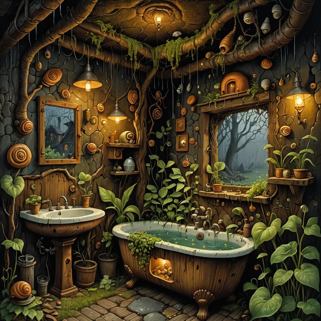 Surreal Cave Cottage Bathroom at Rainy Night