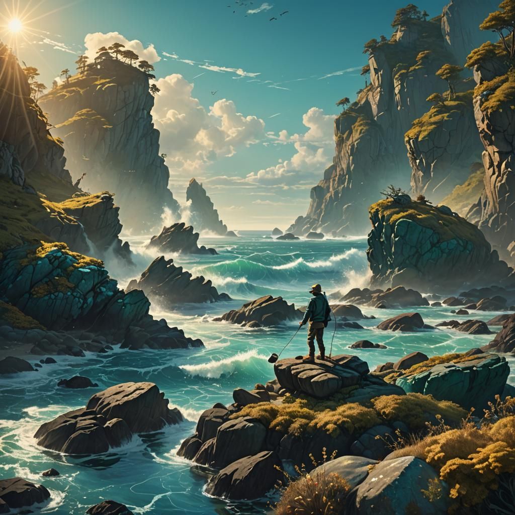 Enchanting Fisherman in Golden Turquoise Fantasy Art