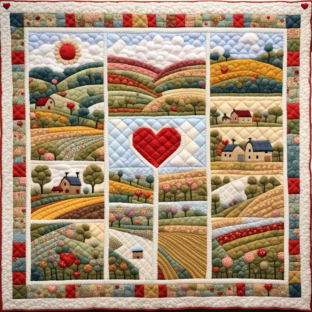 A light and bright Puffy art quilt showing scenes of a count...