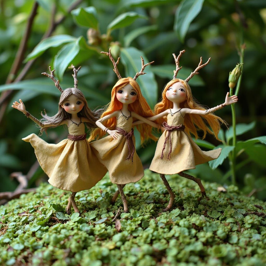 Whimsical Twig Figures Dancing in Lush Greenery