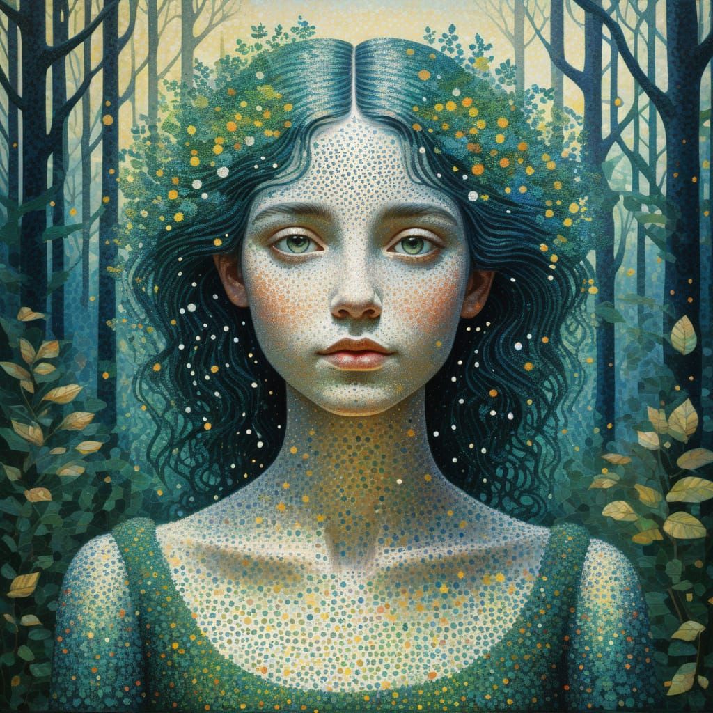 Dreamlike Pointillist Forest Nymph Portrait