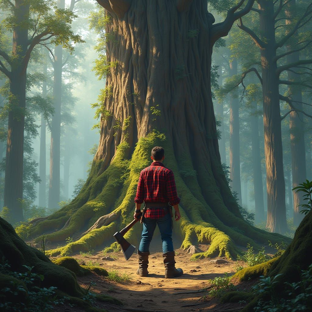 Lumberjack Oliver Stark Fells Ancient Tree in Vibrant Fantas...