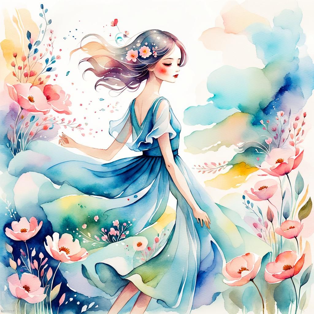 Dreamy Woman Floating Among Flowers: Watercolor Illustration