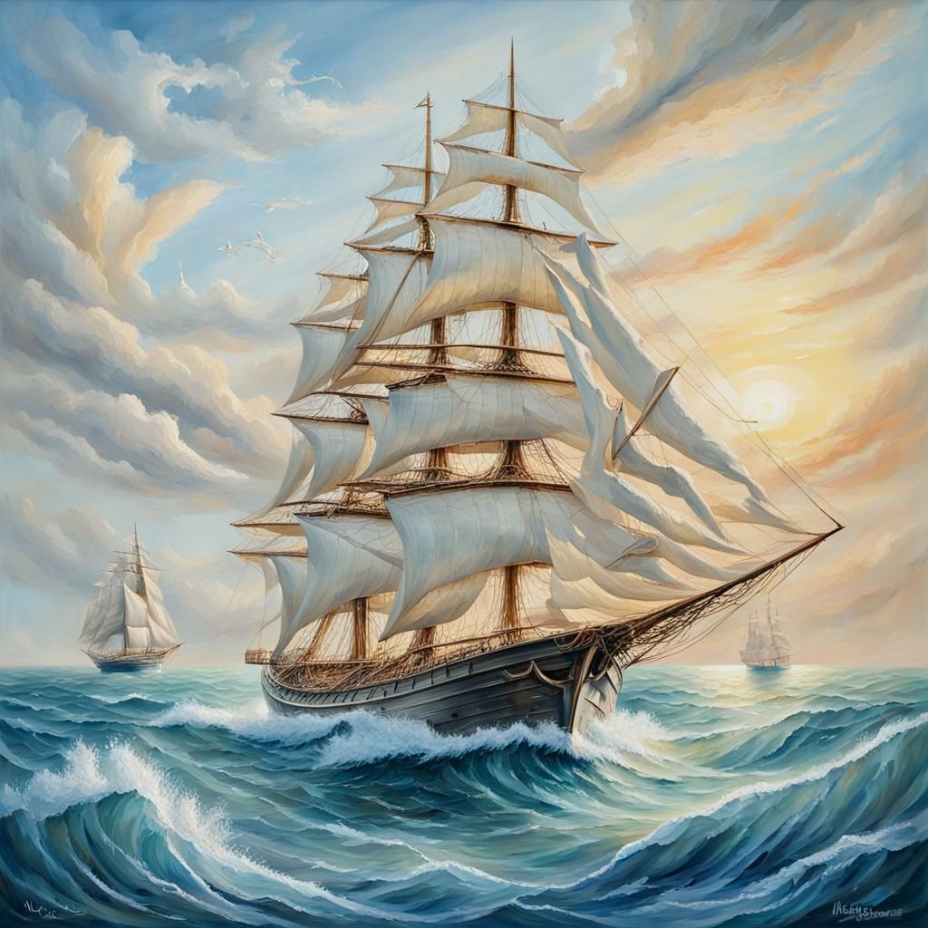 Glass Sailing Ship on Ocean, Oil Painting Style