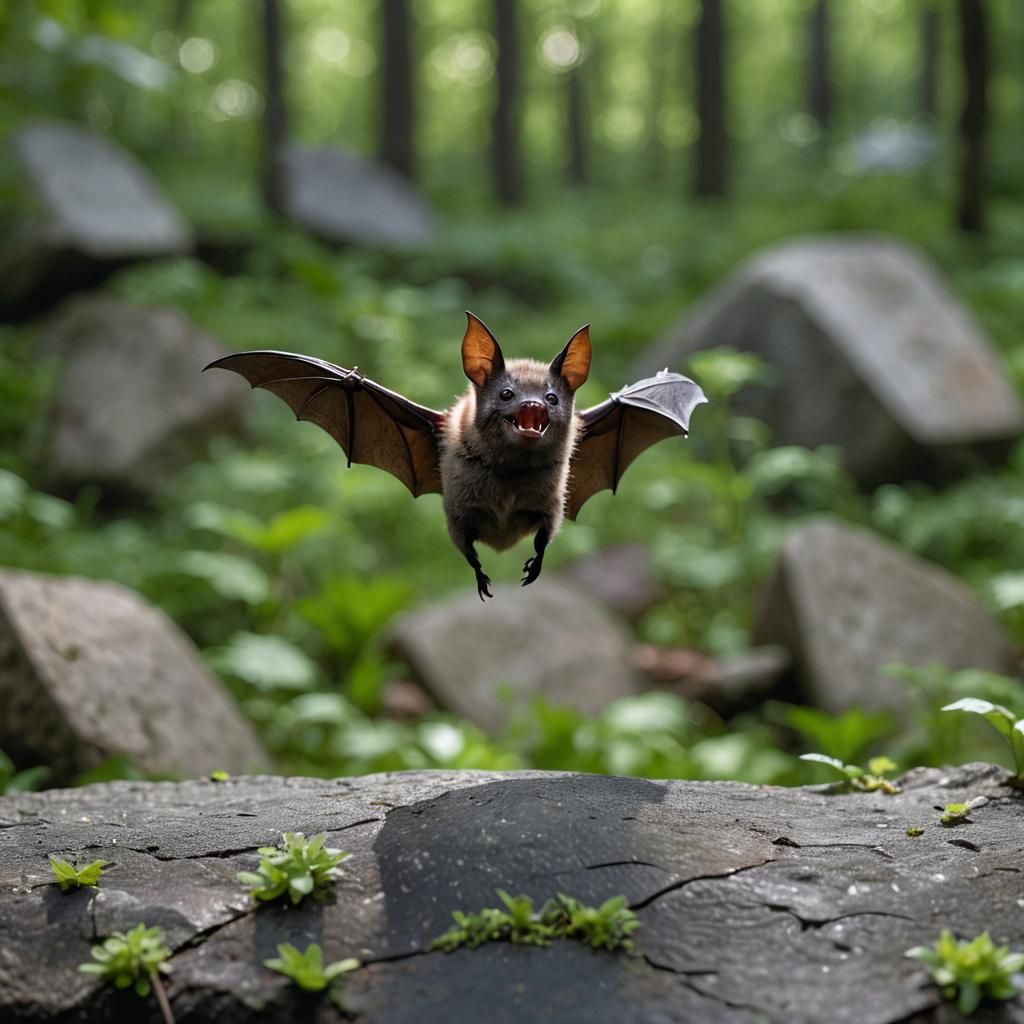 Cute Bat Roaring in Lush Forest, Wildlife Portrait