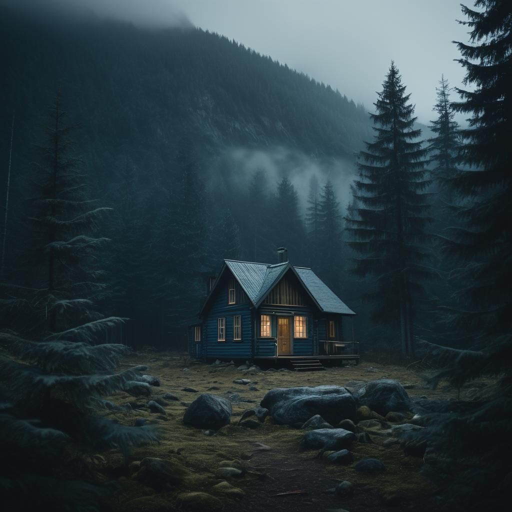 Cabin in Dark Forest: Moody Cinematic Still