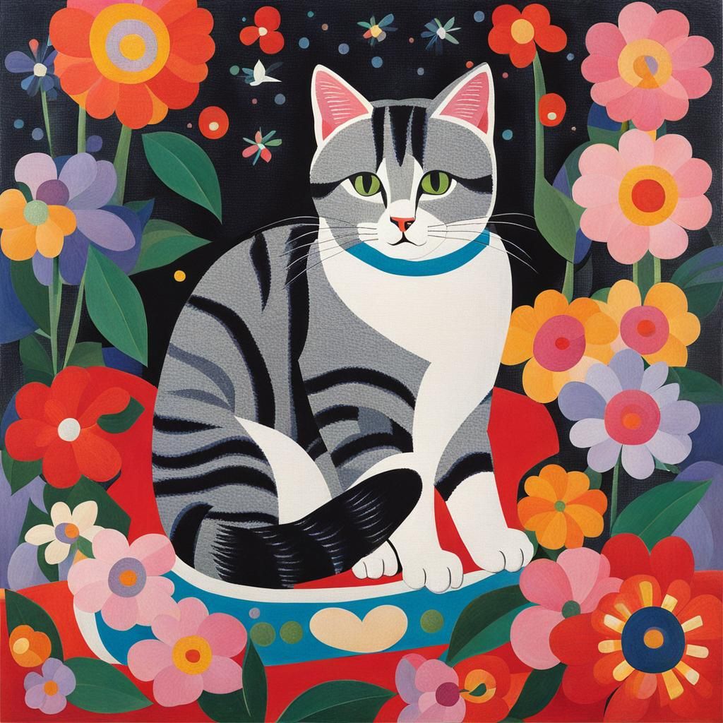 Cute Cat Surrounded by Flowers in Futurism Style