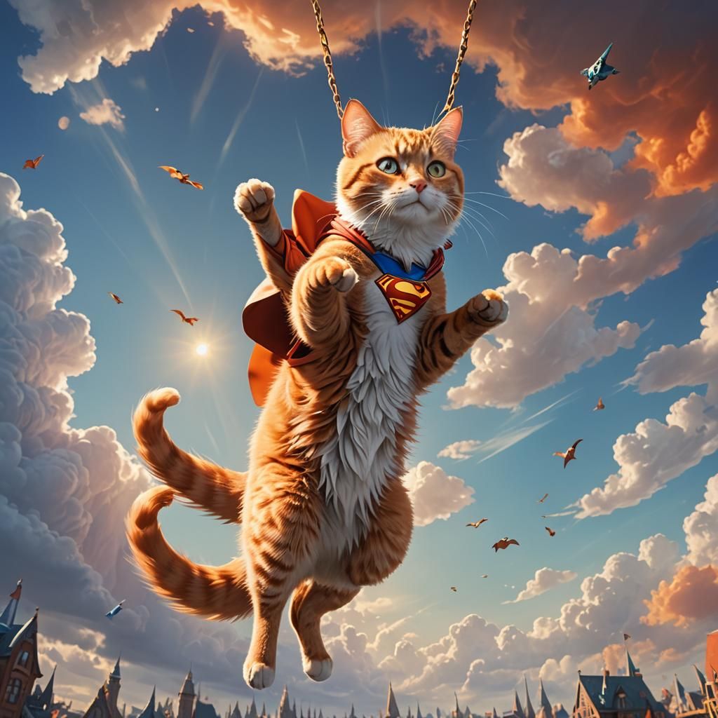 Superman Cat Holds Elsa in Whimsical Fantasy Art