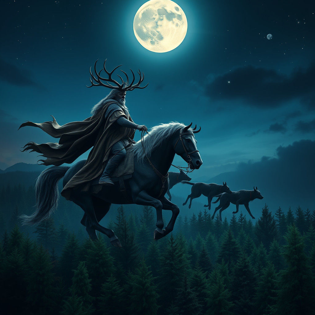 Cernunnos Leads Wild Hunt Under Full Moon