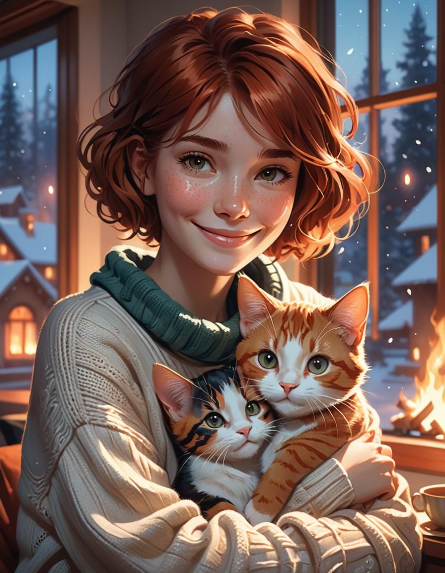 Woman Cuddling Kitten by Firelight, Digital Portrait