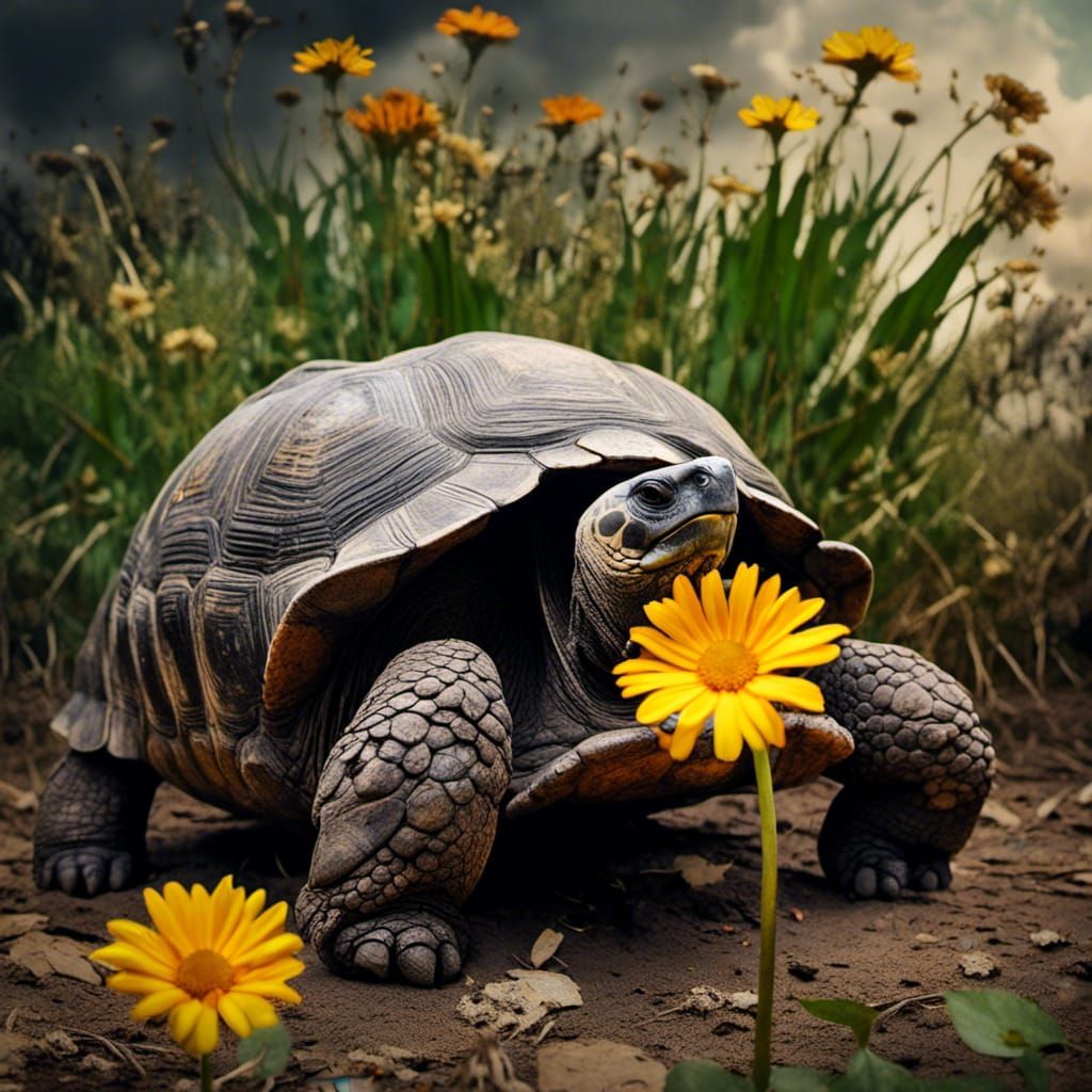 Aldabra Tortoise Eating Flower in Hyperrealistic Photo