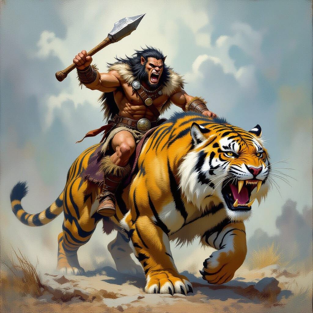 Prehistoric Warrior Rides Sabre-Tooth, Comic Book Style
