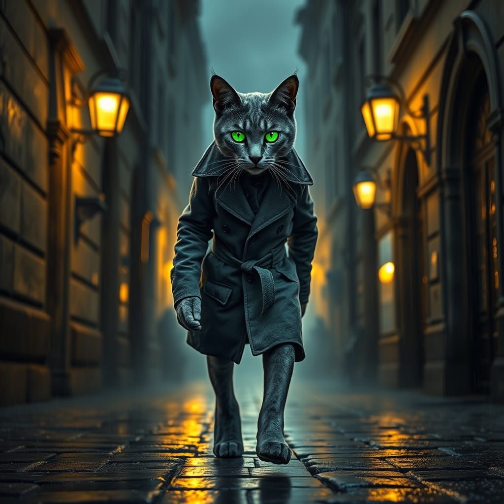 Gothic Feline Noir in Hyperrealistic Detail