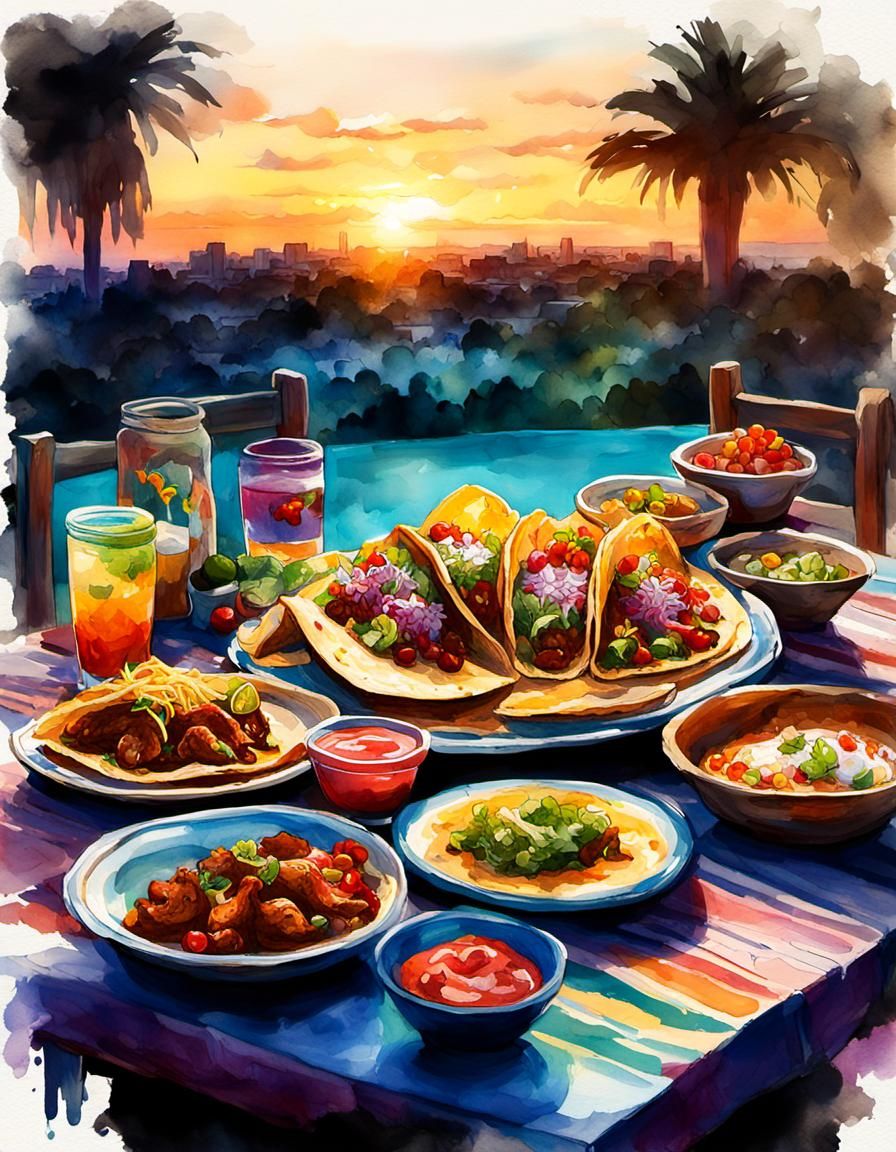 Mexican Cuisine Summerscape in Digital Watercolor Style