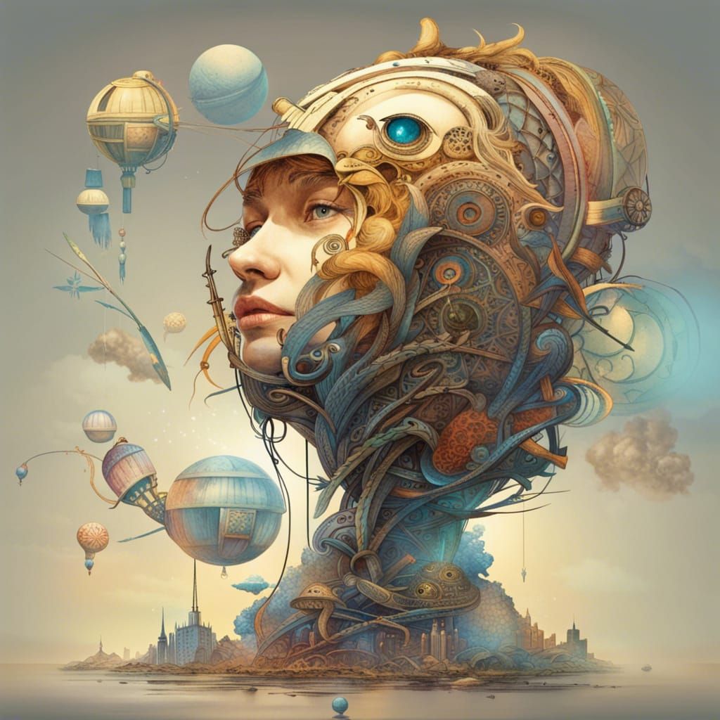 Realistic face surrounded by pure surreal fantasy