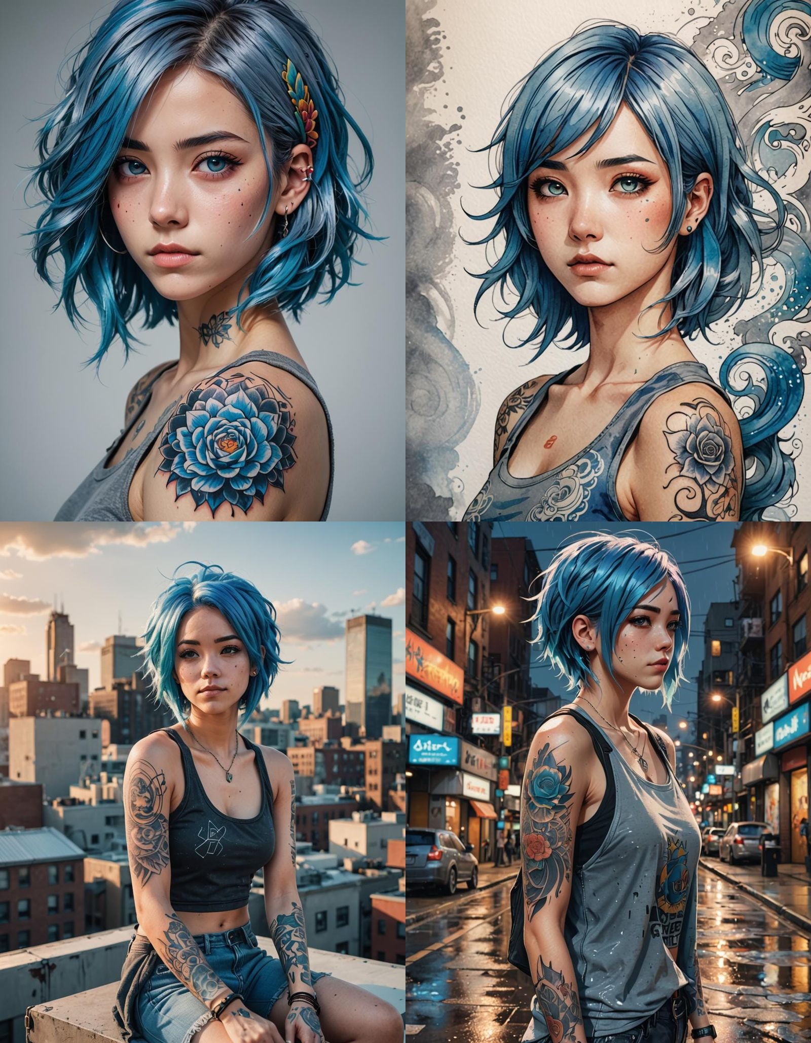 Anime Woman with Blue Hair and Tattoo