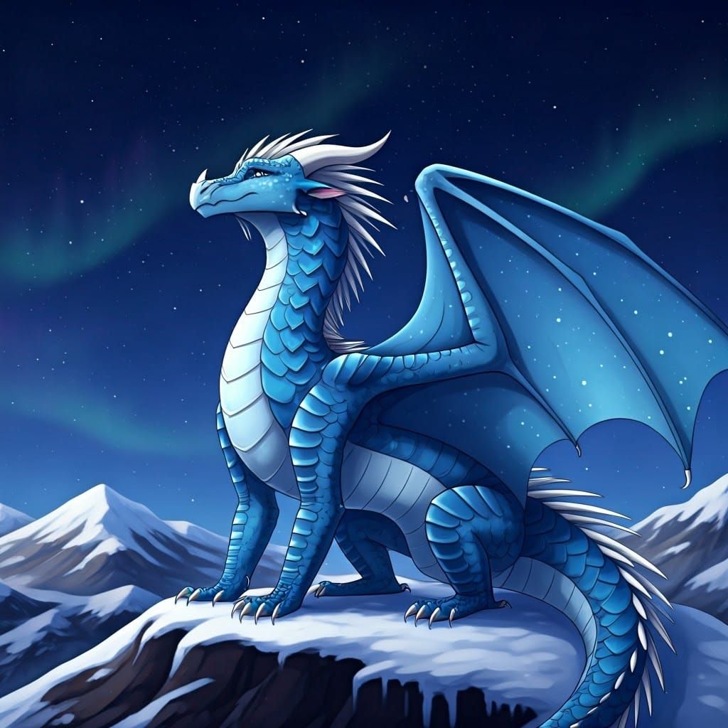 Serene IceWing Dragon on Snowy Peak in Anime Style