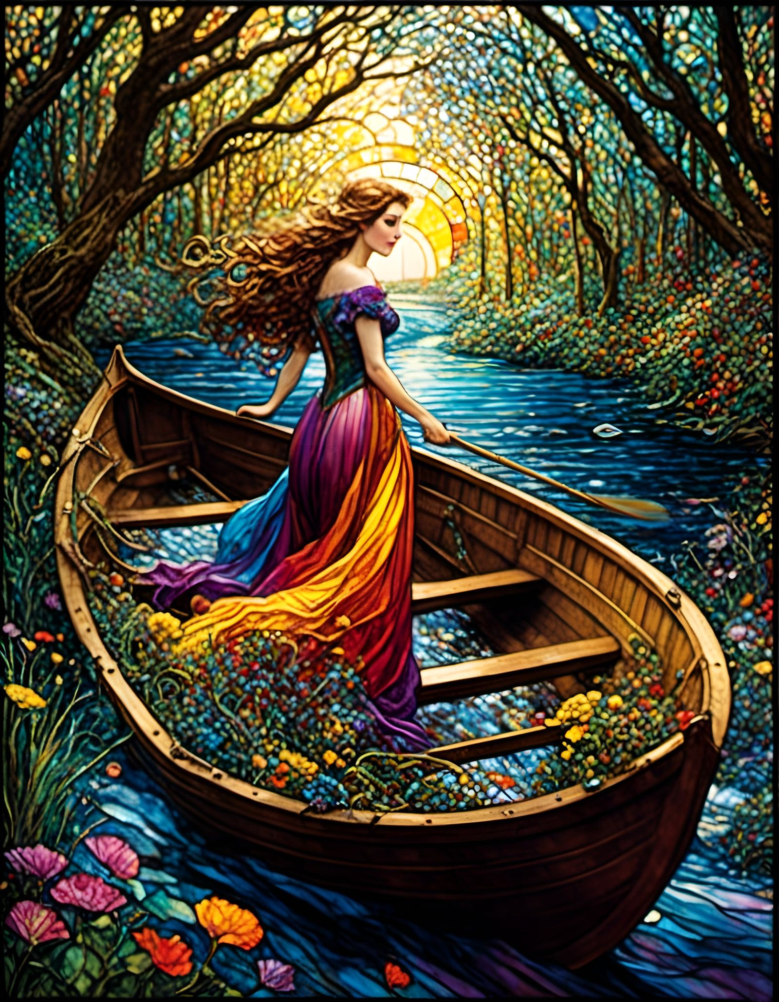 Beautiful Woman in Boat: Stained Glass Portrait