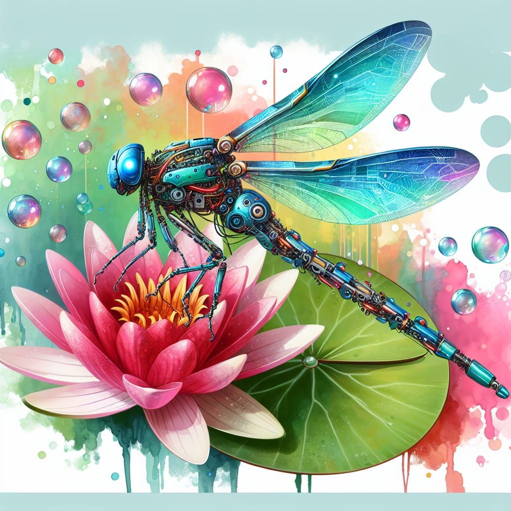 Cybernetic Dragonfly on Lily Pad in Watercolor Style