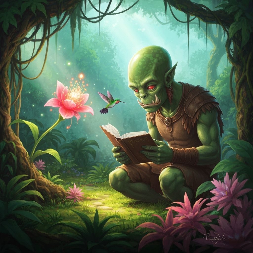 Gentle Orc Reads in Jungle, Ghibli Style