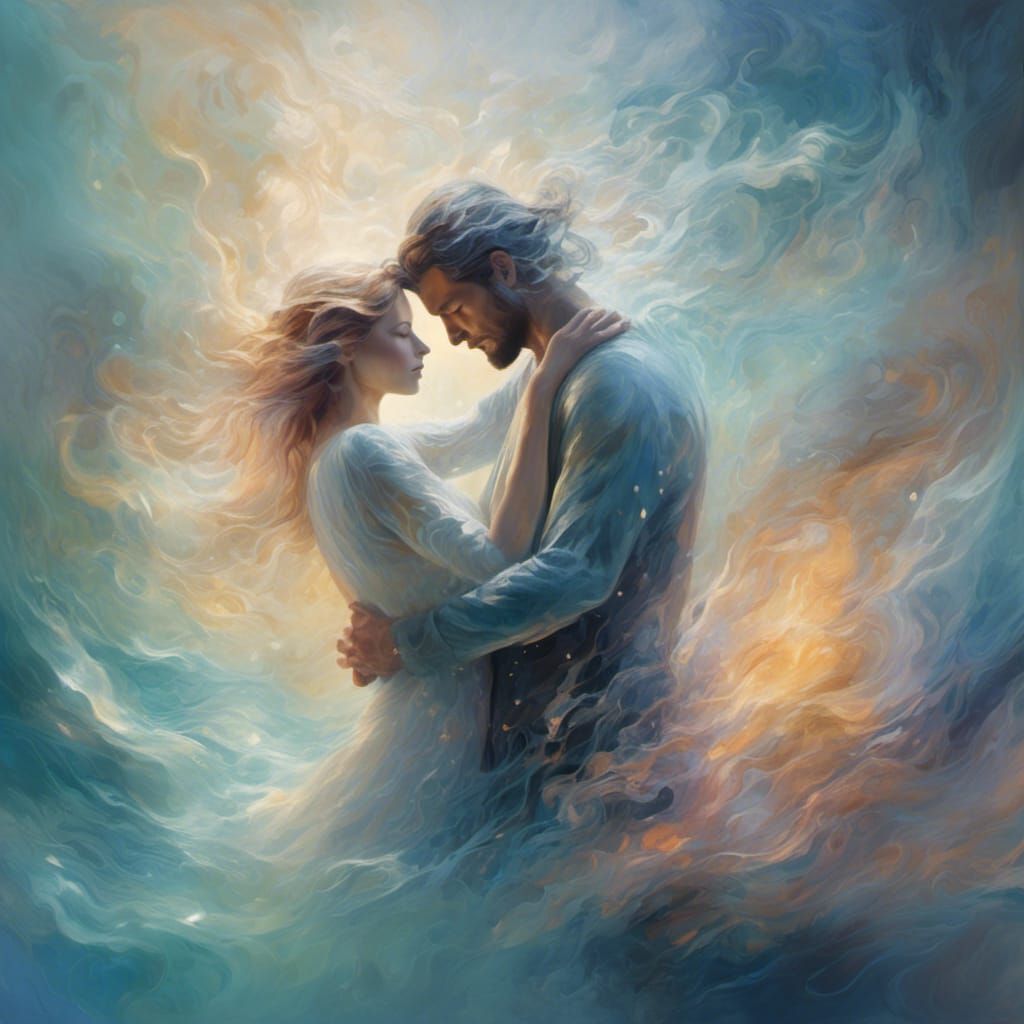 Surreal Lovers Embrace in Dreamscape Oil Painting