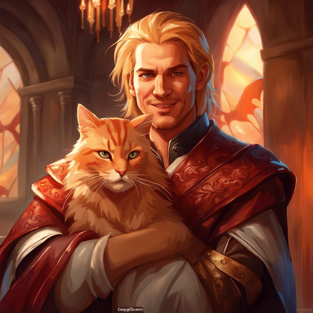 Fantasy Mage with Red Cat in Old Castle