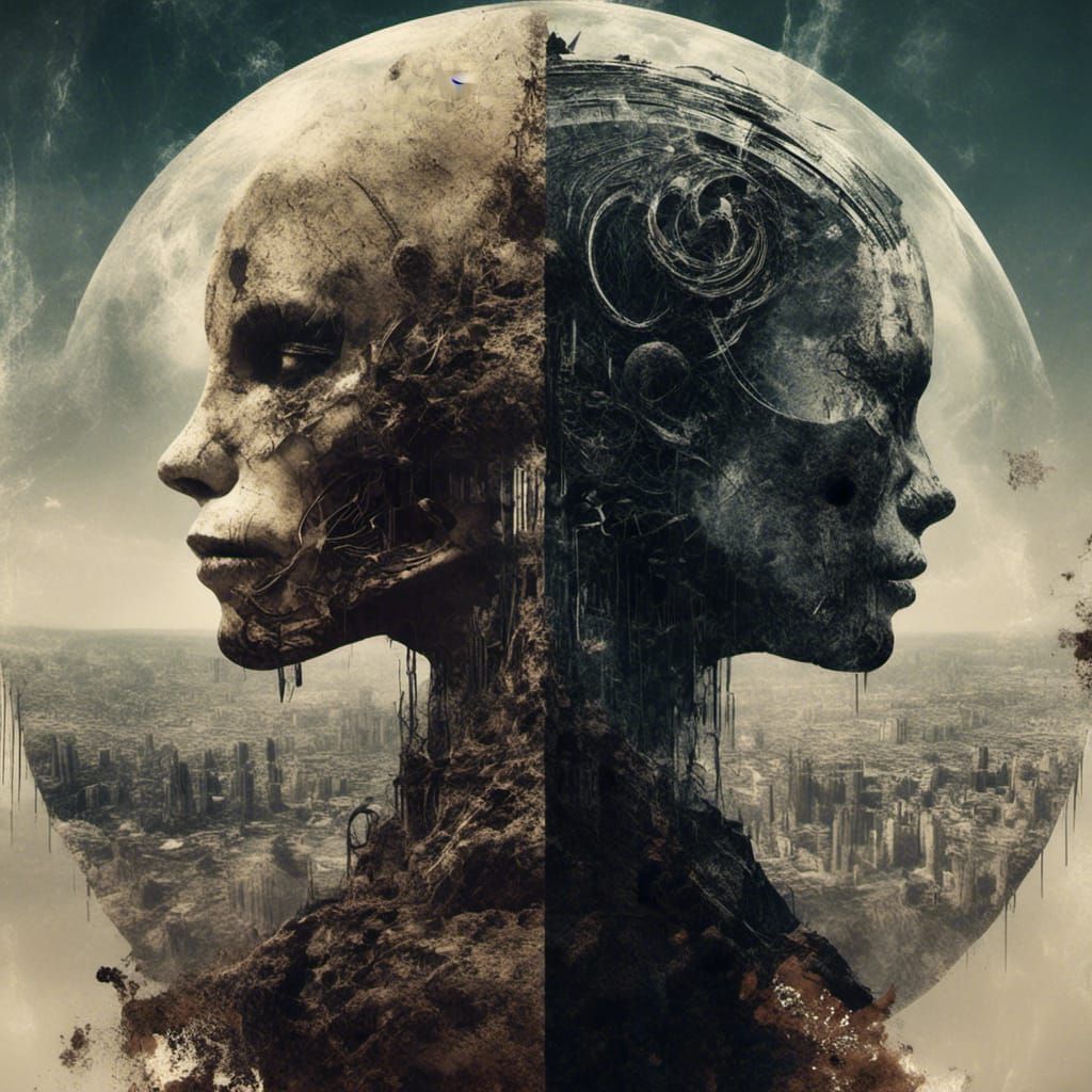 Cyberpunk Robot Alien in Decaying Apocalyptic Cosmos