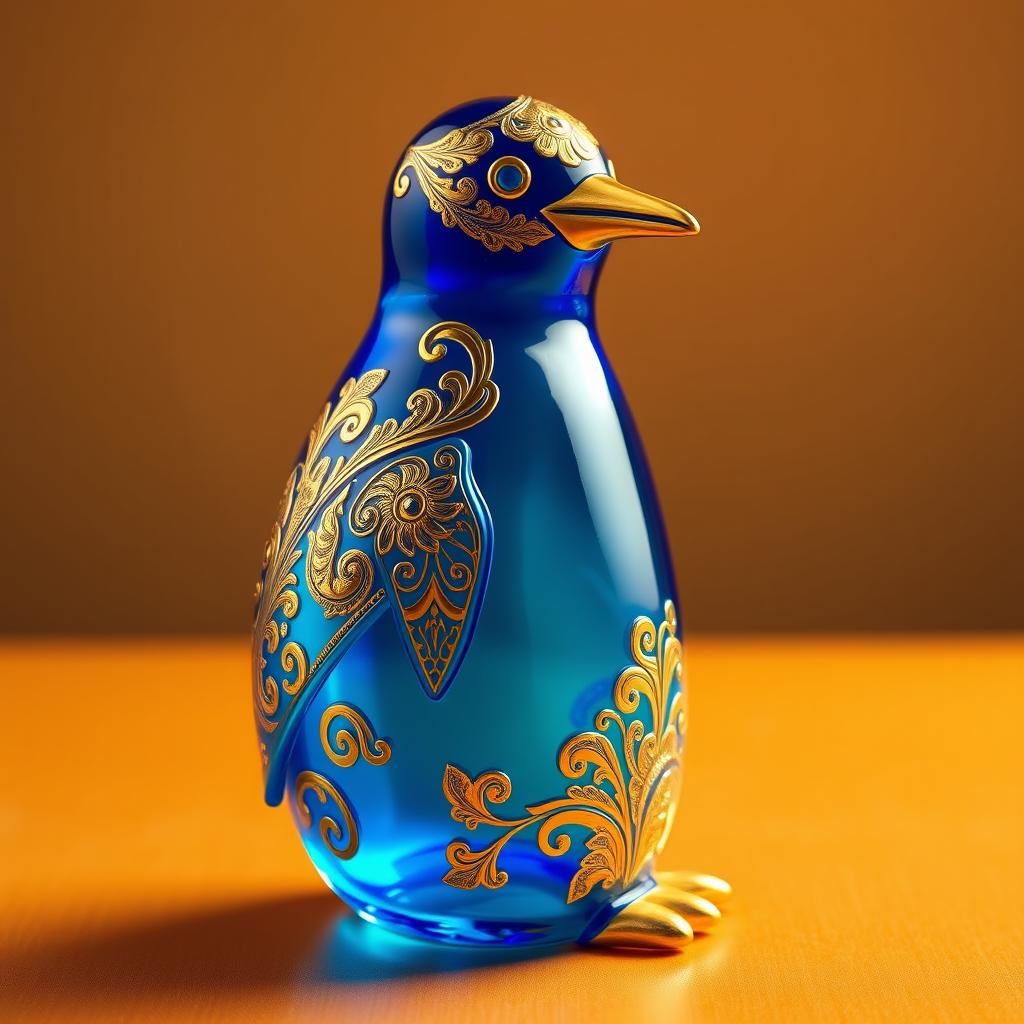 Blue Glass Penguin with Golden Art Nouveau Engravings