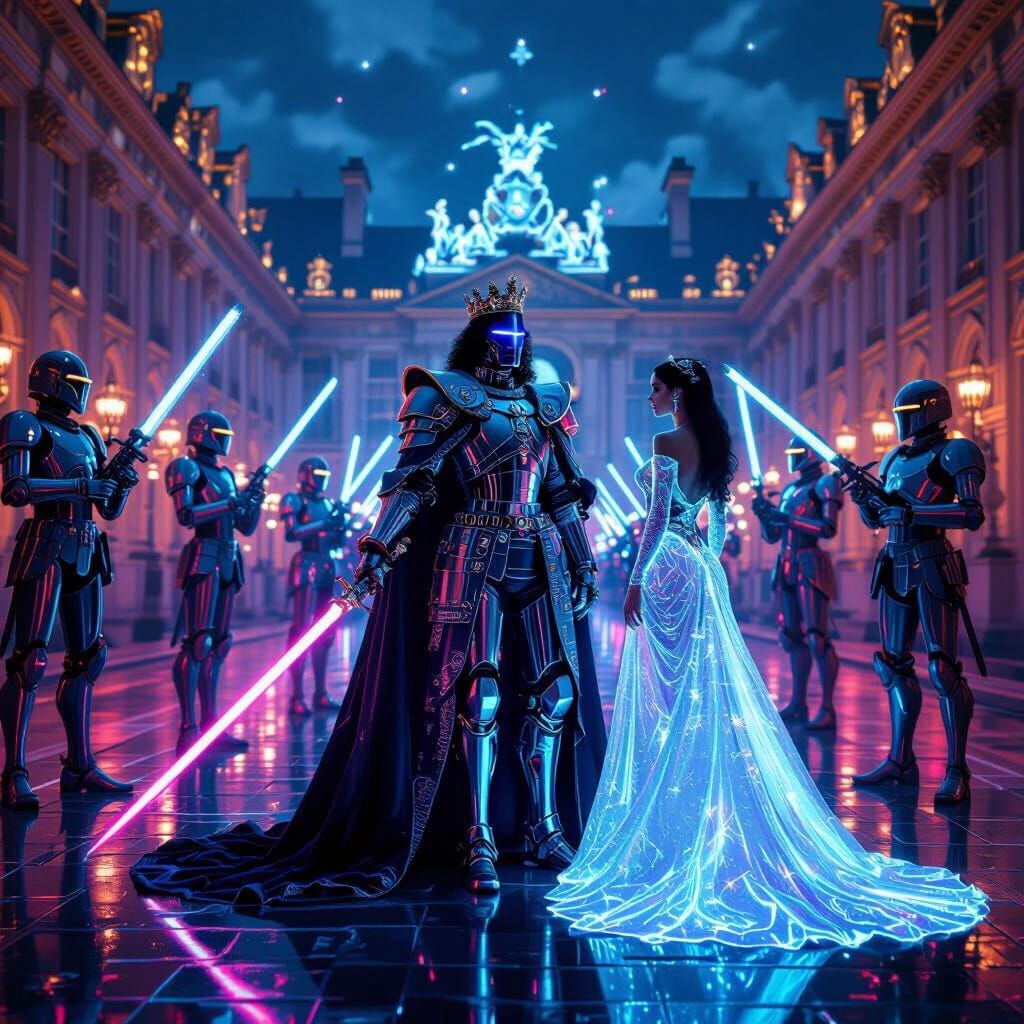 Cyborg Louis XIV in Cyberpunk Versailles