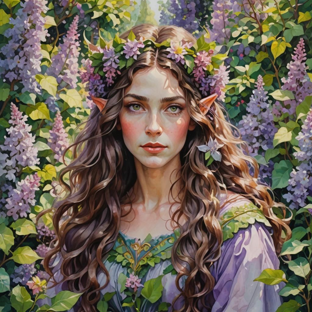 Elven Woman in Flower Garden: Gouache Watercolor Painting
